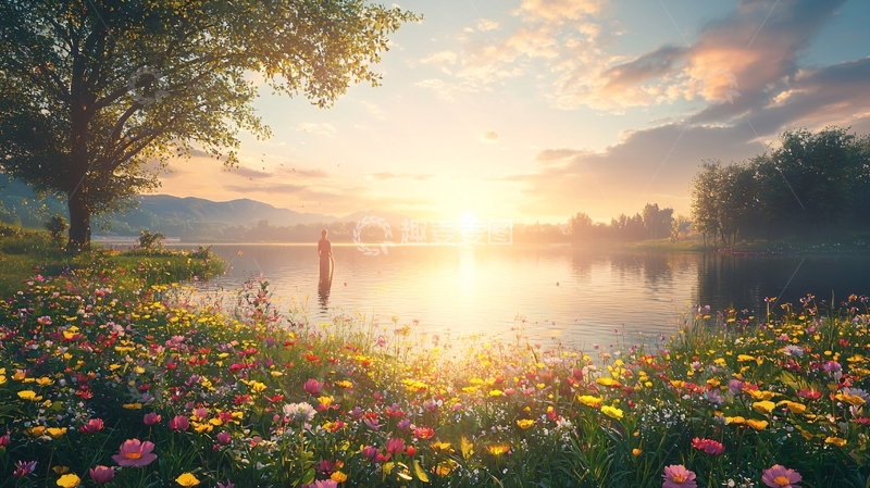 高清大图下载【趣麦麦图】清晨湖边鲜花盛开