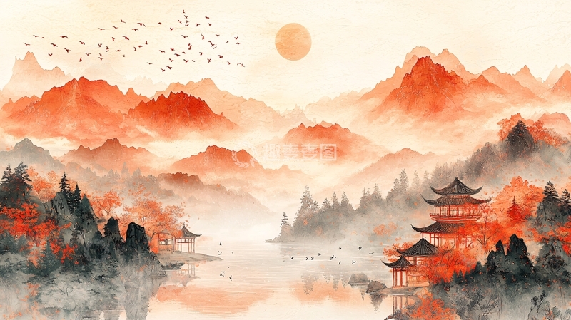 高清大图下载【趣麦麦图】水墨风山水日出意境