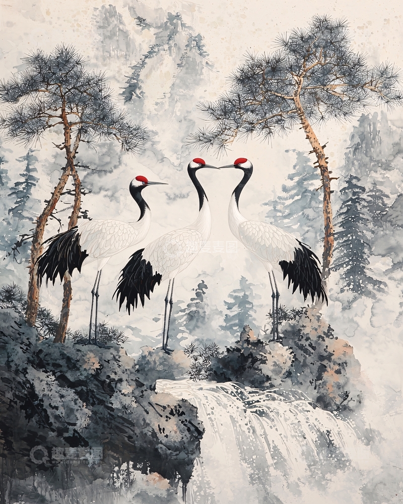 高清大图下载【趣麦麦图】水墨仙鹤山水相依