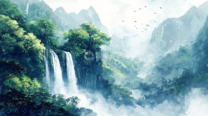 高清大图下载【趣麦麦图】山水瀑布绿树云雾缭绕