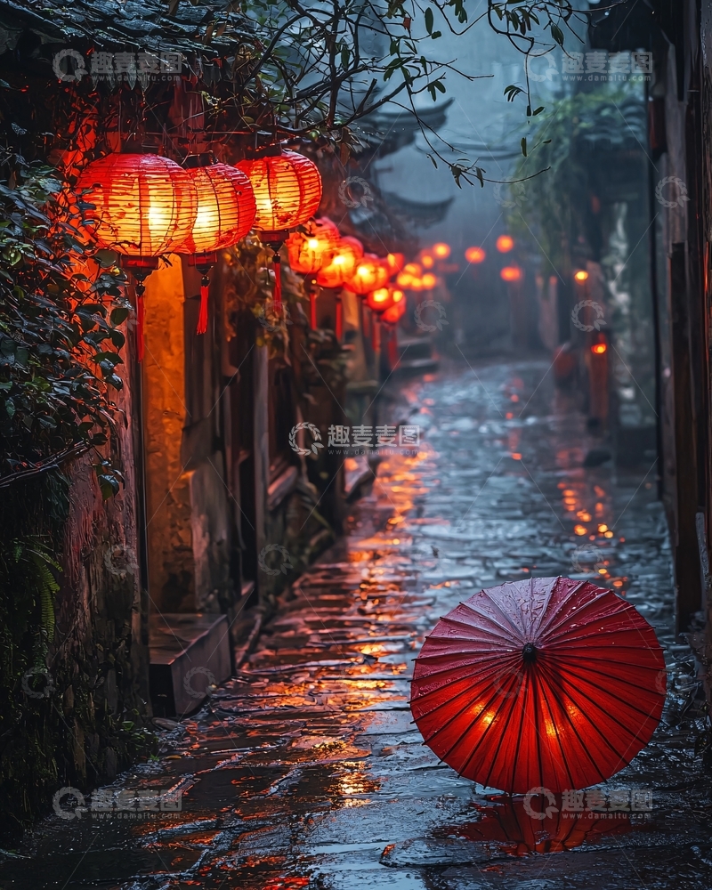 高清大图下载【趣麦麦图】-雨夜古镇红伞