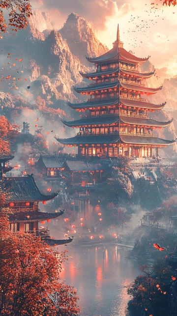 日式古建筑矗立山间