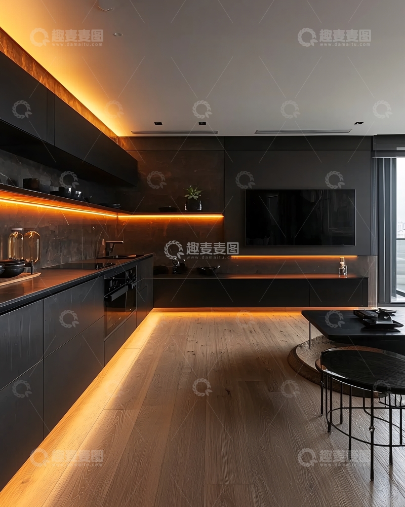 高清大图下载【趣麦麦图】现代简约风厨房客厅一体