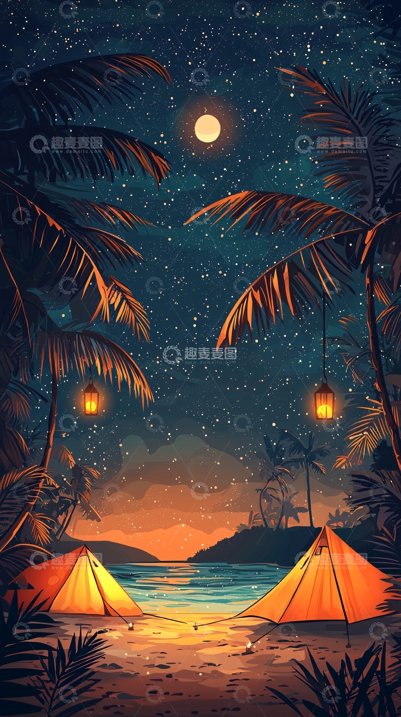 高清大图下载【趣麦麦图】星空下海滩露营