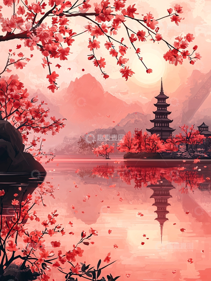 高清大图下载【趣麦麦图】粉色樱花富士山风景