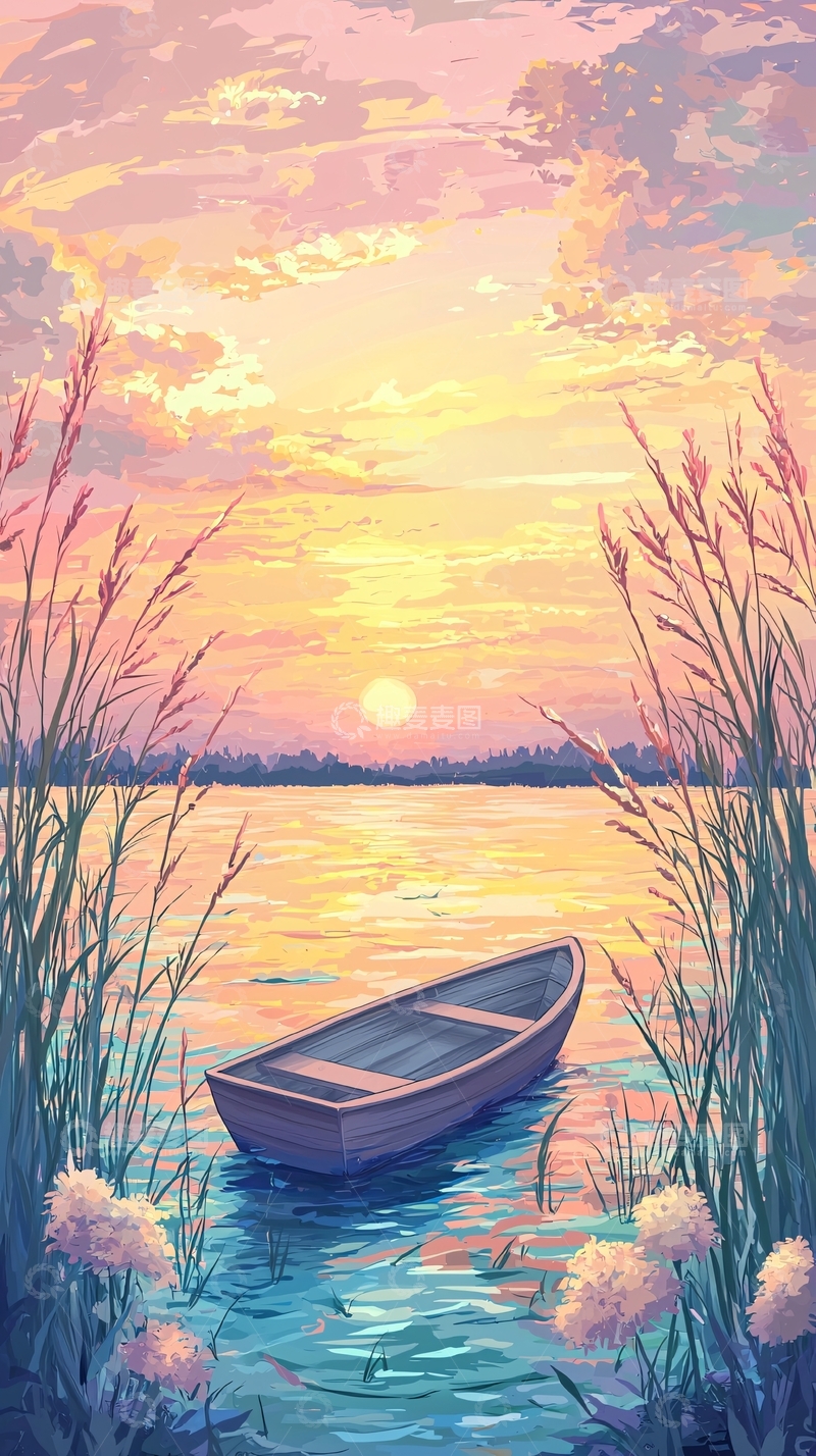 高清大图下载【趣麦麦图】夕阳西下小船湖泊