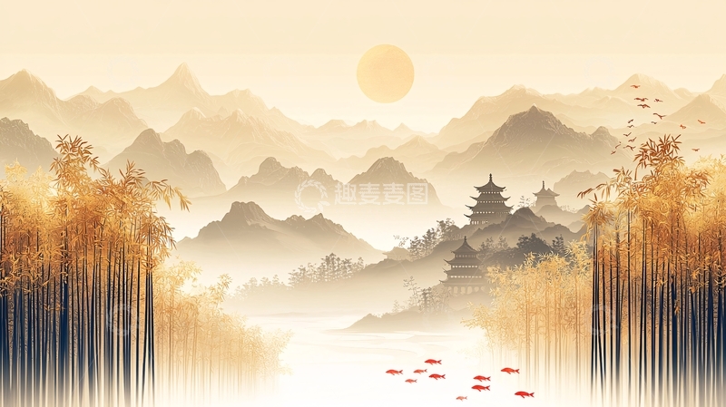 高清大图下载【趣麦麦图】水墨山水风景日出