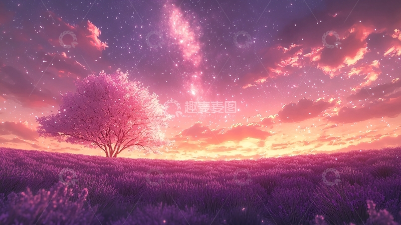 高清大图下载【趣麦麦图】梦幻星空下的粉色树