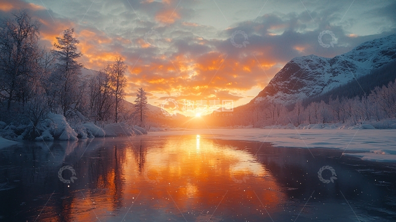 高清大图下载【趣麦麦图】冰雪覆盖的湖面日出