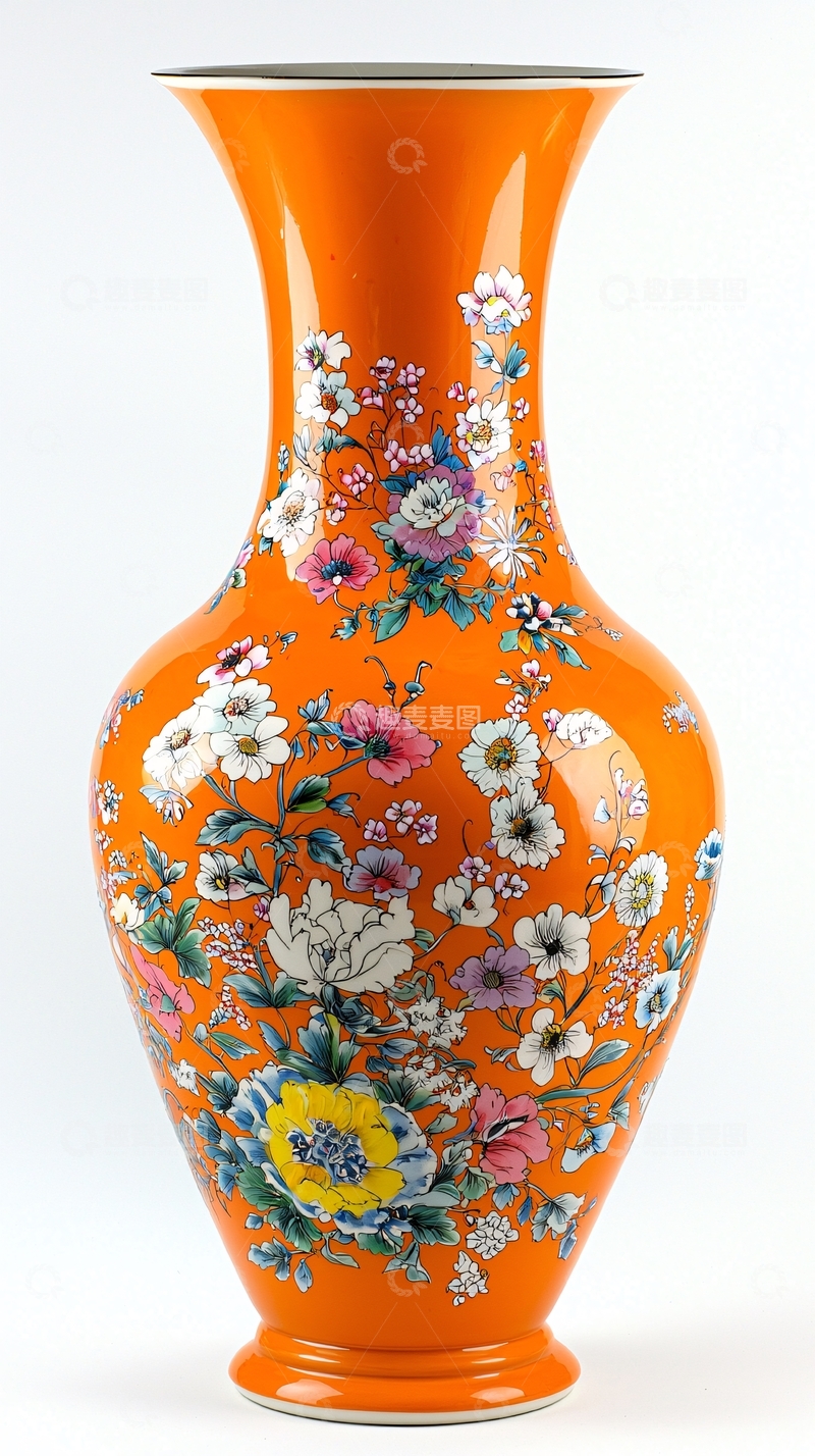 高清大图下载【趣麦麦图】橙色花卉图案瓷瓶