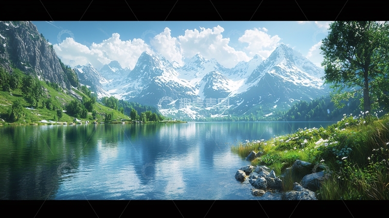 高清大图下载【趣麦麦图】雪山湖泊风景画