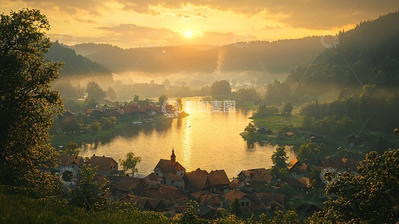高清大图下载【趣麦麦图】日出湖光山色小镇