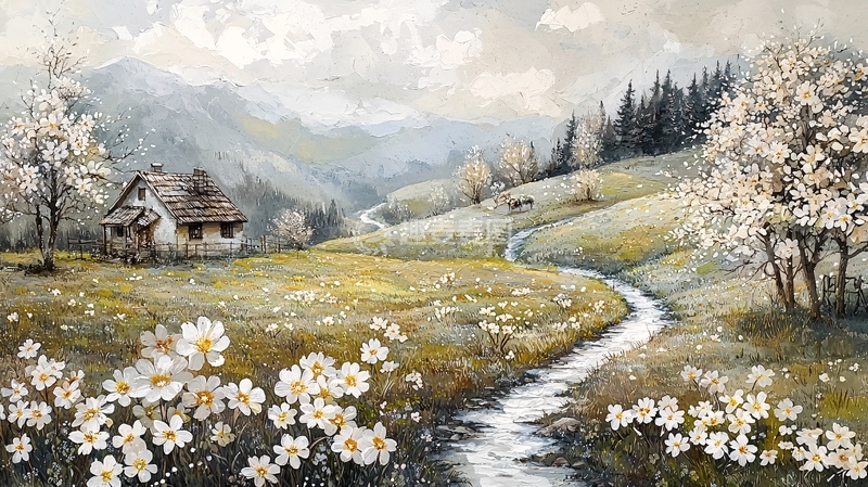 高清大图下载【趣麦麦图】山间小屋春日景色