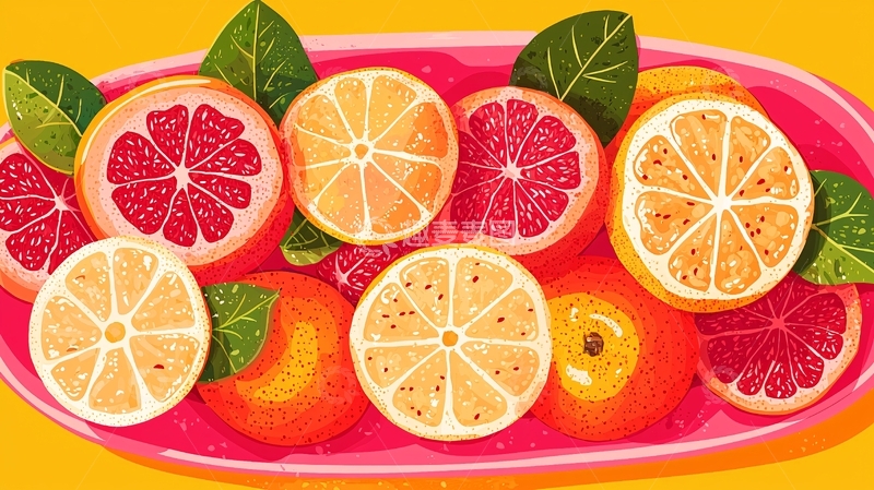 高清大图下载【趣麦麦图】粉色盘子里的柑橘水果