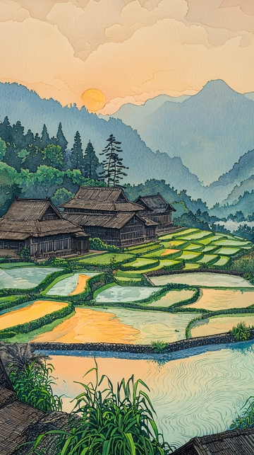 日式田园山水画