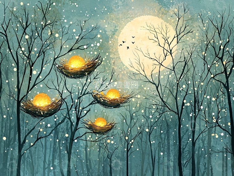 高清大图下载【趣麦麦图】冬夜森林鸟巢月亮