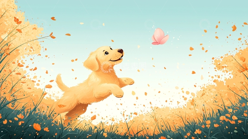 高清大图下载【趣麦麦图】金毛幼犬追逐蝴蝶