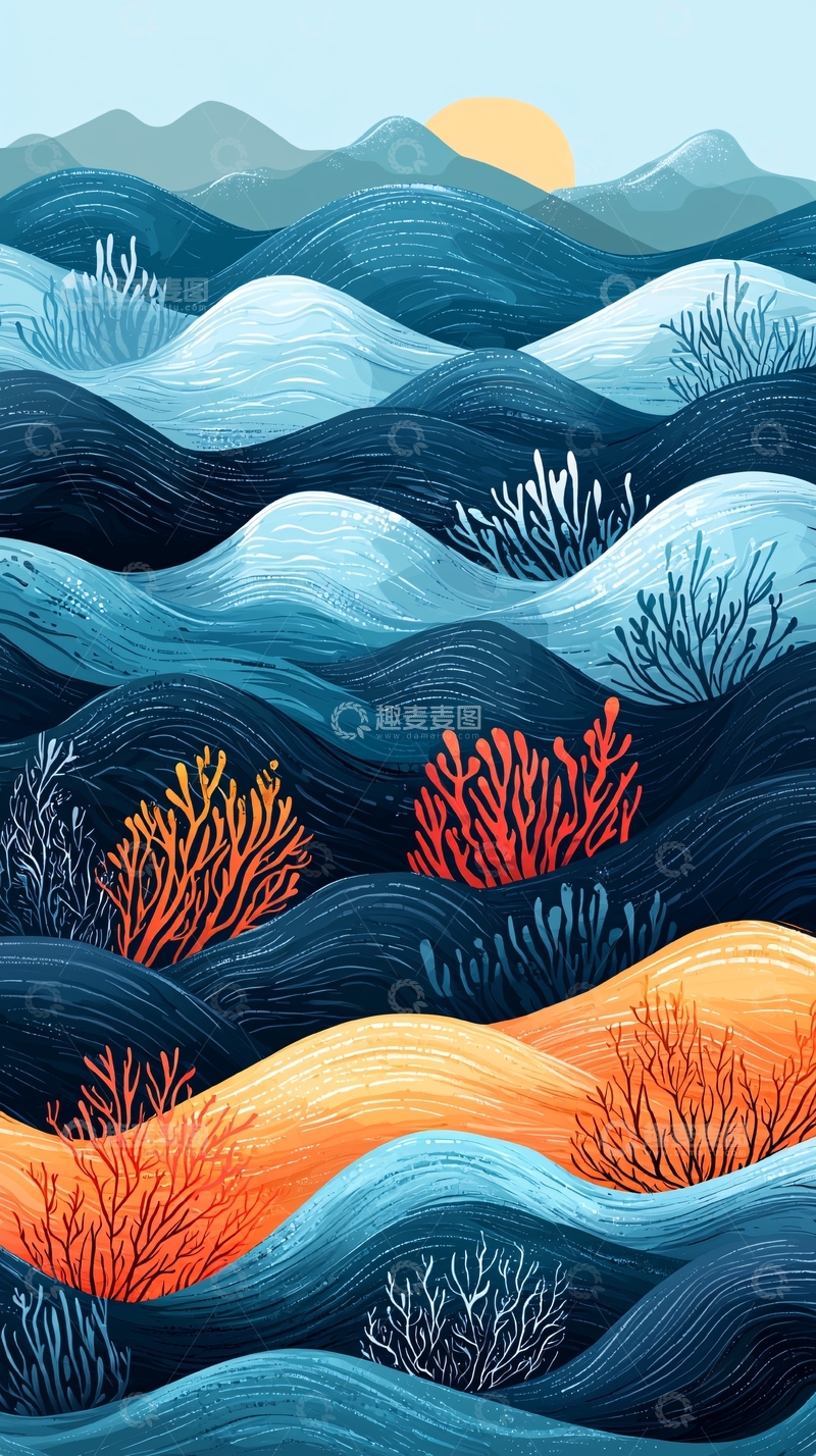 高清大图下载【趣麦麦图】蓝色波浪与珊瑚礁插画