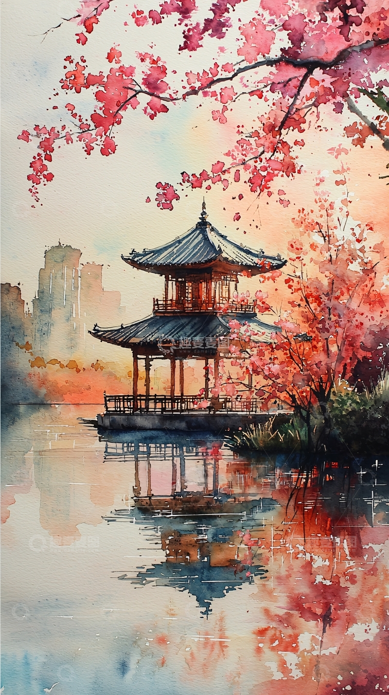 高清大图下载【趣麦麦图】水彩风格樱花树下的亭台楼阁