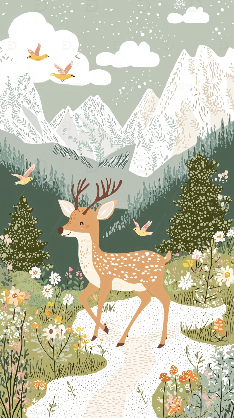 手绘小鹿雪山花田