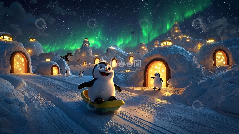 高清大图下载【趣麦麦图】极光下的企鹅雪橇村