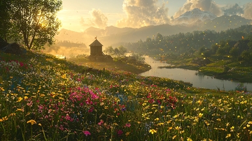 鲜花盛开的日出田园风光