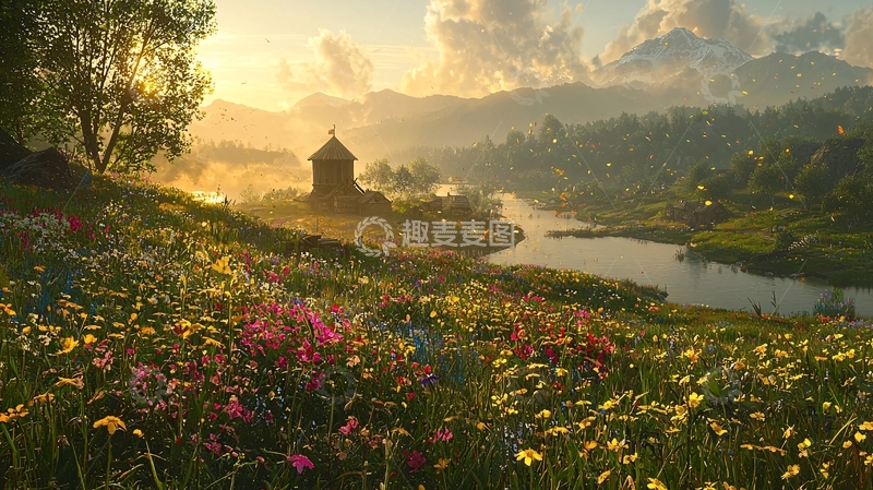 高清大图下载【趣麦麦图】鲜花盛开的日出田园风光