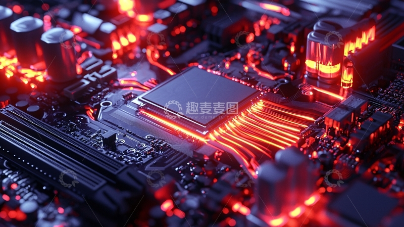 高清大图下载【趣麦麦图】红色灯光下的电脑主板特写
