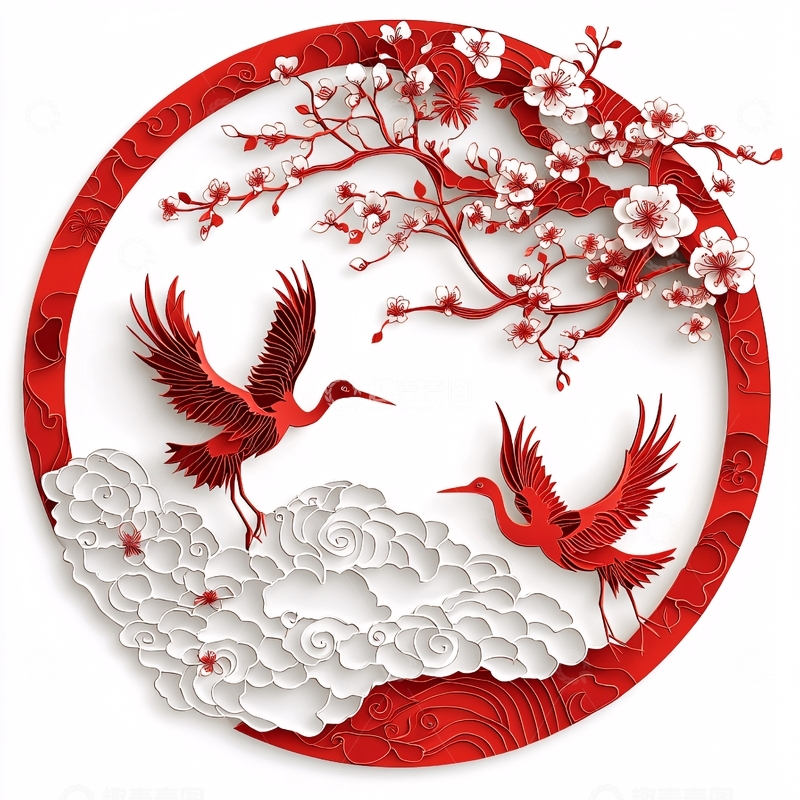 高清大图下载【趣麦麦图】圆形中式剪纸仙鹤图