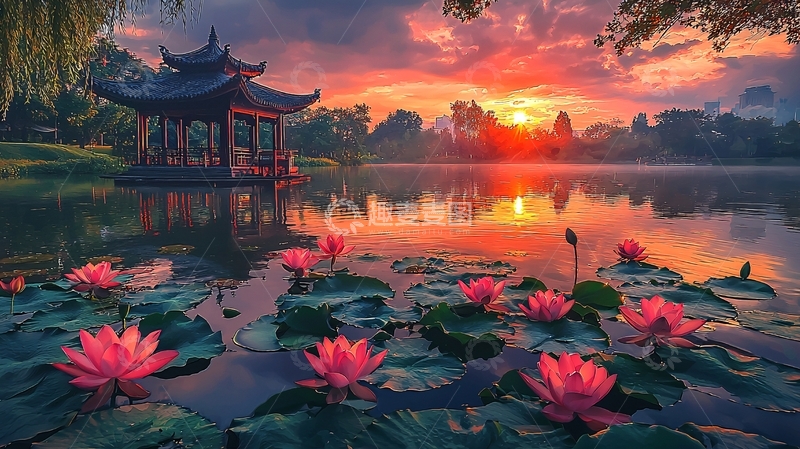 高清大图下载【趣麦麦图】宁静湖面亭台日落