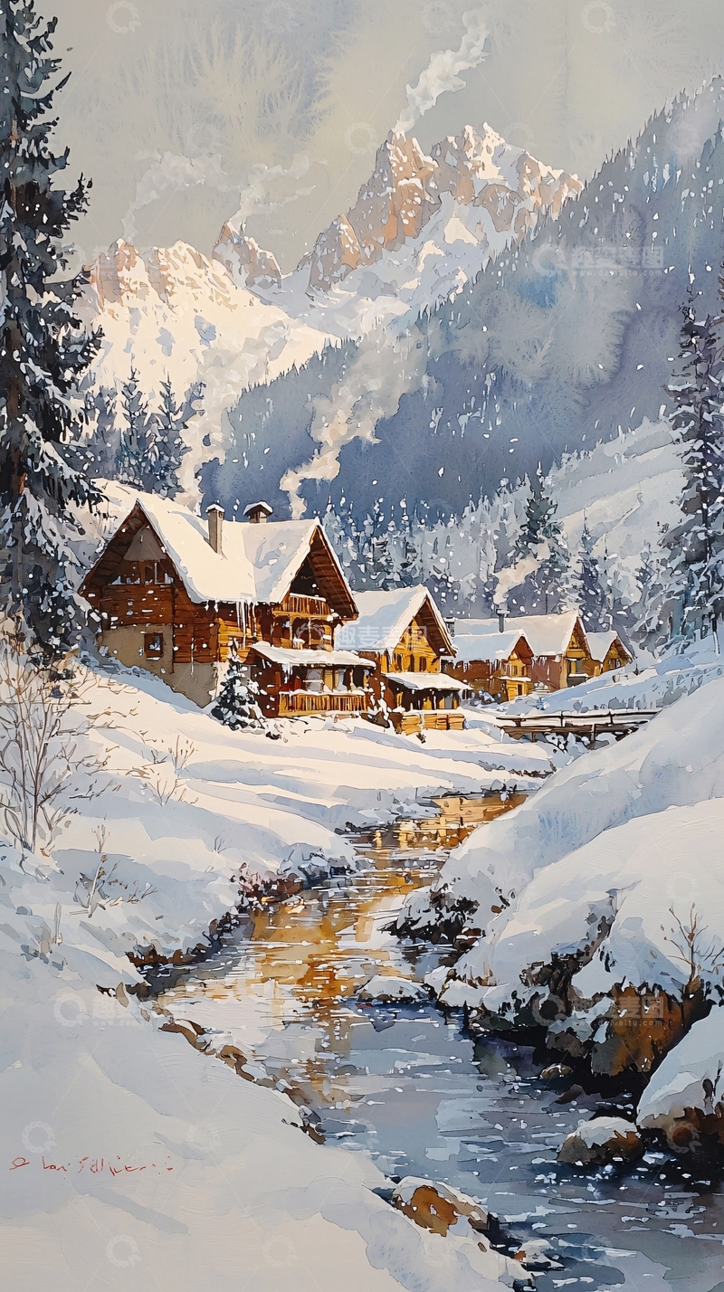高清大图下载【趣麦麦图】雪山山谷木屋风景画