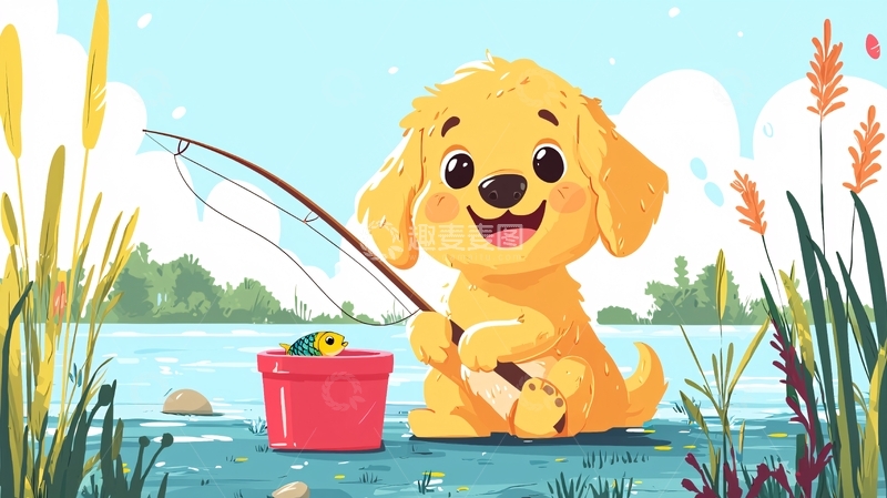 高清大图下载【趣麦麦图】可爱金毛犬钓鱼