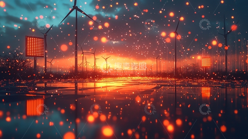 高清大图下载【趣麦麦图】落日余晖下的风力发电机
