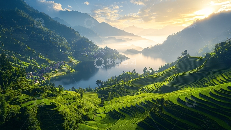 高清大图下载【趣麦麦图】日出山峦梯田湖泊