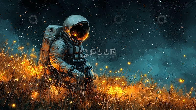 高清大图下载【趣麦麦图】宇航员坐在发光草地上