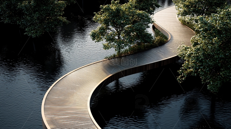 高清大图下载【趣麦麦图】蜿蜒木桥水上栈道