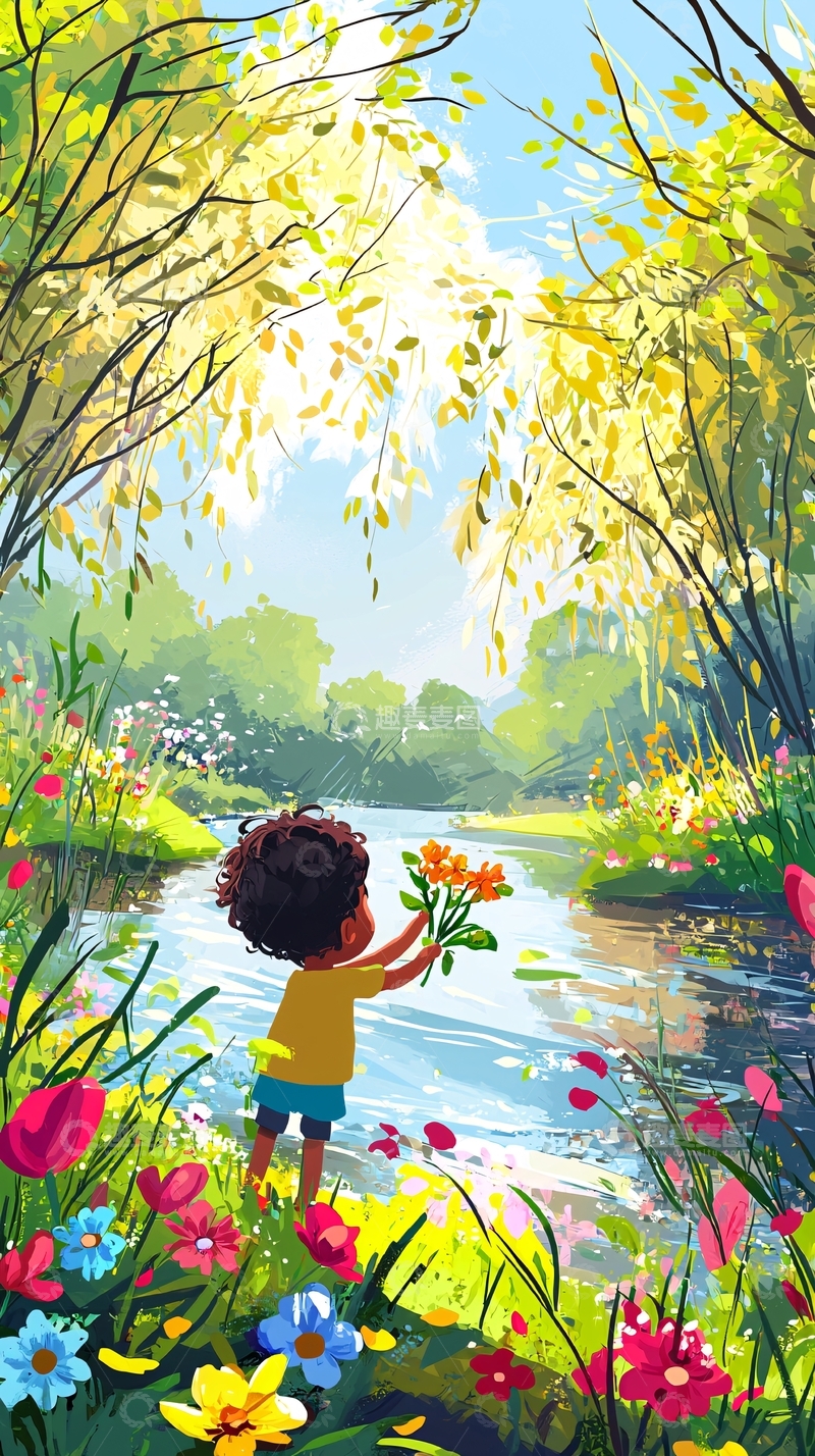 高清大图下载【趣麦麦图】阳光下孩子河边采花