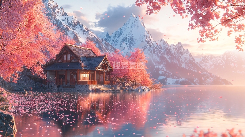 高清大图下载【趣麦麦图】雪山湖畔木屋