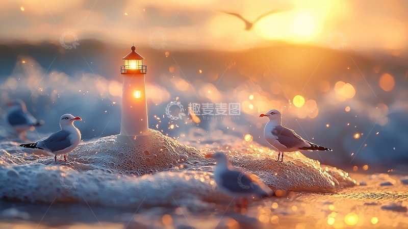 高清大图下载【趣麦麦图】灯塔海鸥日落唯美场景