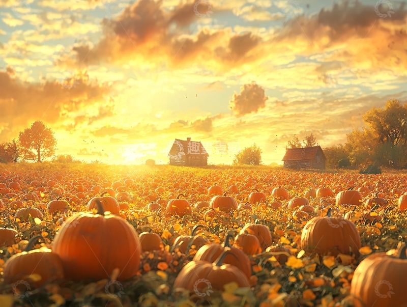 高清大图下载【趣麦麦图】金秋南瓜田的日落美景