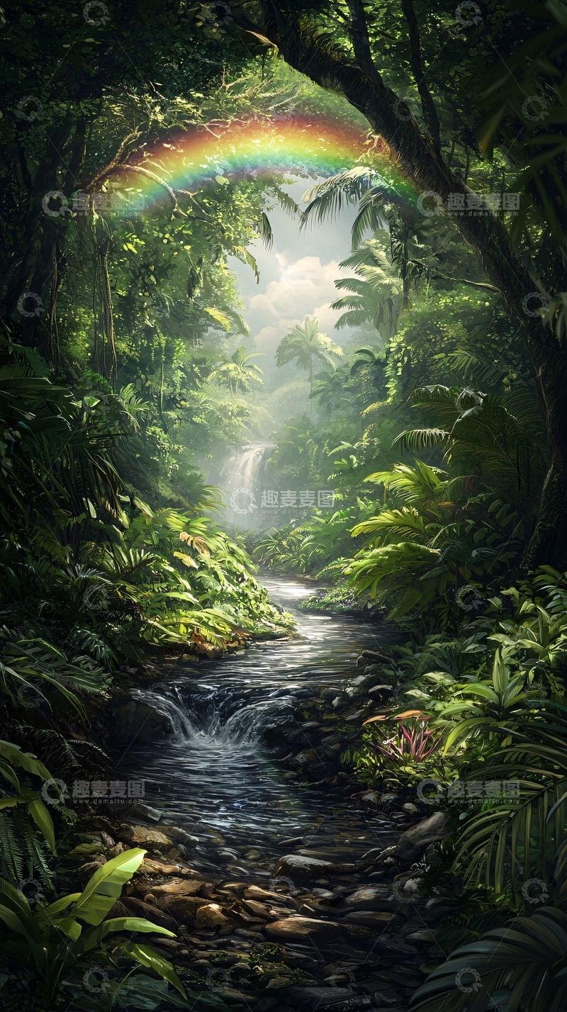 高清大图下载【趣麦麦图】热带雨林彩虹瀑布溪流