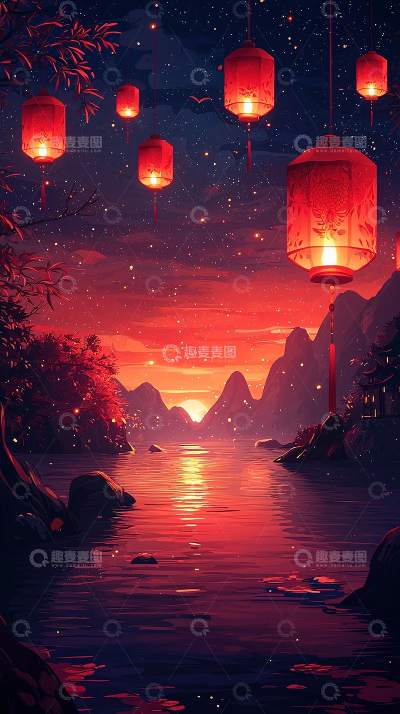 高清大图下载【趣麦麦图】星空红灯笼