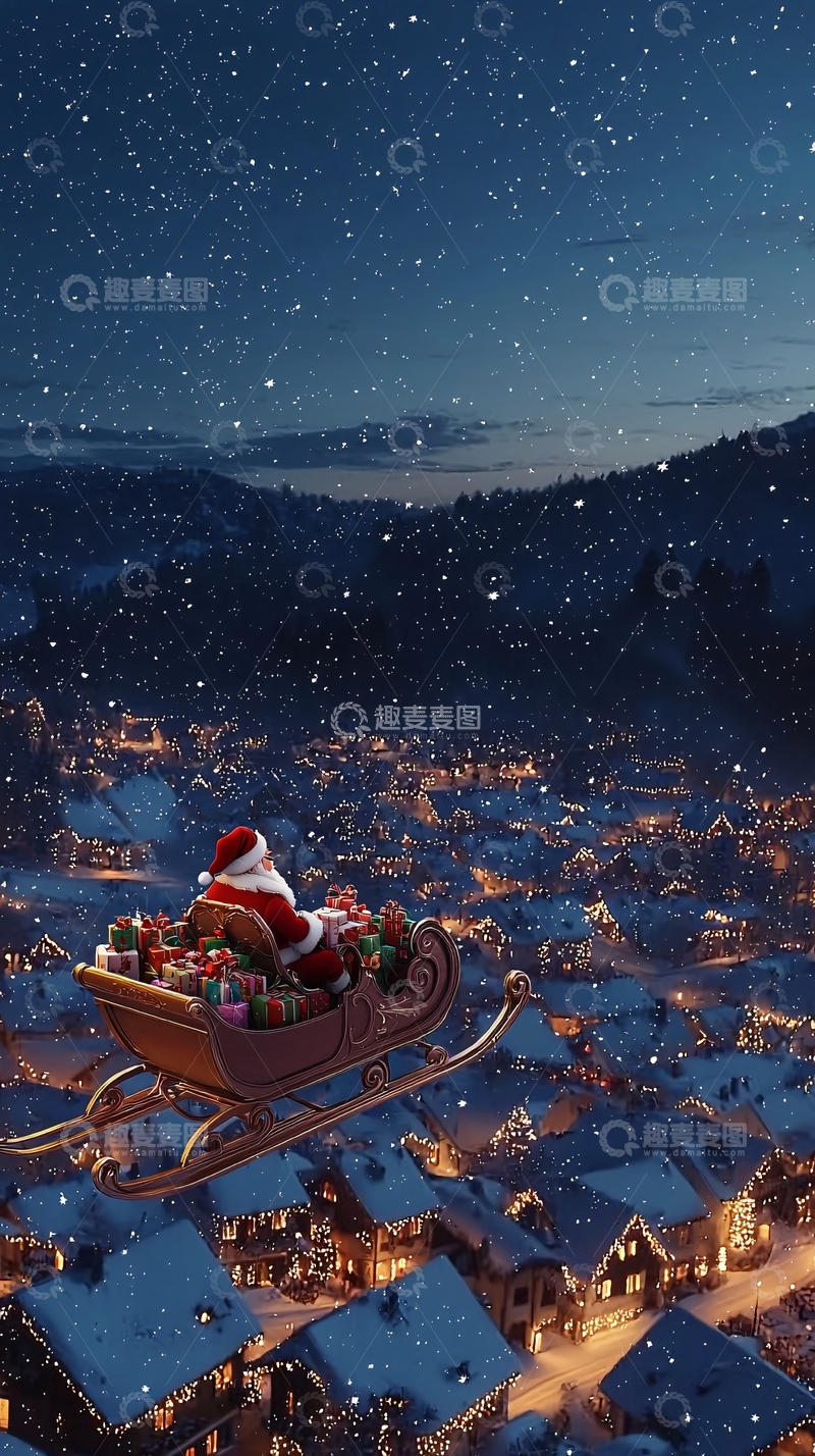高清大图下载【趣麦麦图】圣诞老人雪橇飞过雪夜小镇