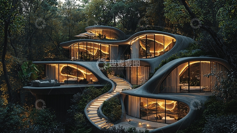 高清大图下载【趣麦麦图】森林中的流线型别墅