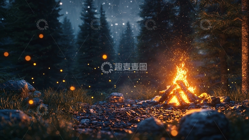 高清大图下载【趣麦麦图】夜晚森林篝火