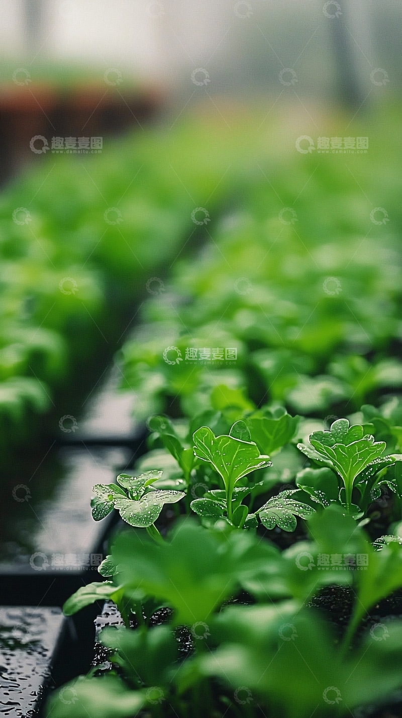 高清大图下载【趣麦麦图】雨后温室盆栽幼苗特写