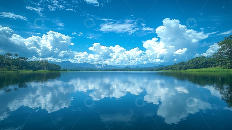 高清大图下载【趣麦麦图】宁静的湖面倒映蓝天白云