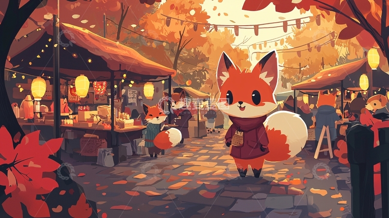 高清大图下载【趣麦麦图】秋日狐狸市集