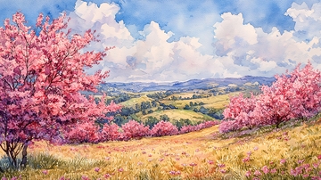 粉色花树点缀的田园风光