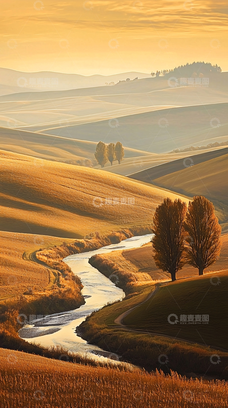 高清大图下载【趣麦麦图】金色田野河流蜿蜒